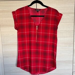 Express V-Neck Red Plaid Top